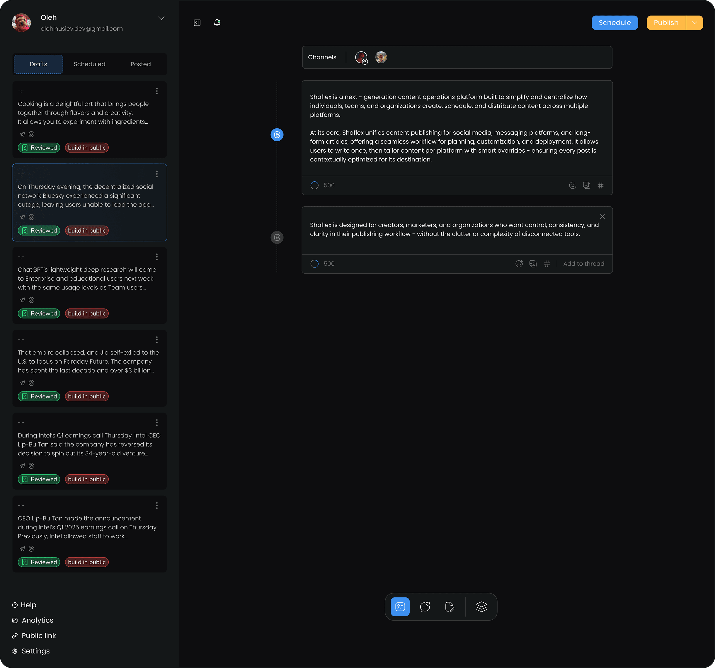 Screenshot of the Shaflex editor showing a content list on the left and a compose canvas on the right